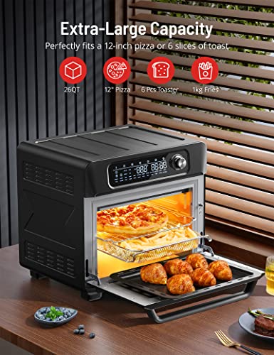 Air Fryer Toaster Oven Combo, Paris Rhône 24-in-1 Countertop Convection Ovens, 26QT Large Rotisserie Cooker with Led Digital Touchscreen, Sensitive Knob, Basket, Rack Tray, Cookbook and Magnet Menu