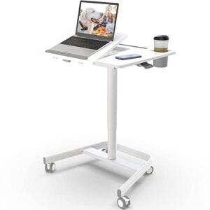 joy worker mobile standing desk, pneumatic height adjustable table, 60° tiltable rolling laptop desk, portable sit stand desk with wheels cup holder for bed couch school, holds up to 22lbs, white