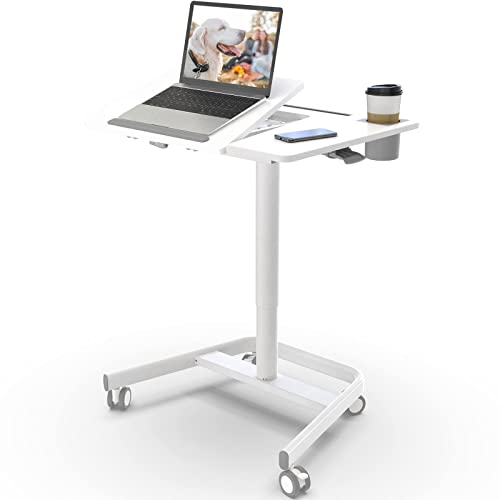 JOY worker Mobile Standing Desk, Pneumatic Height Adjustable Table, 60° Tiltable Rolling Laptop Desk, Portable Sit Stand Desk with Wheels Cup Holder for Bed Couch School, Holds Up to 22lbs, White