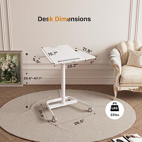 JOY worker Mobile Standing Desk, Pneumatic Height Adjustable Table, 60° Tiltable Rolling Laptop Desk, Portable Sit Stand Desk with Wheels Cup Holder for Bed Couch School, Holds Up to 22lbs, White