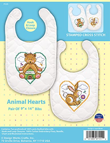 Design Works Crafts Janlynn Stamped for Cross Stitch Baby Bib Kit, Animal Hearts