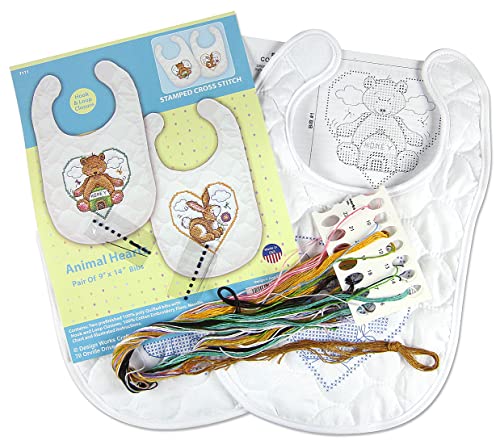 Design Works Crafts Janlynn Stamped for Cross Stitch Baby Bib Kit, Animal Hearts