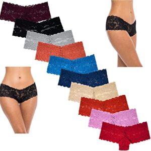 Sexy Basics Women's 10 Pack Lace Hipster Panties | Ultra Soft & Stretchy Hallowed Out Lace Seamless Panties (10 Pack - Assorted Grab Bag Solid Colors, Large)