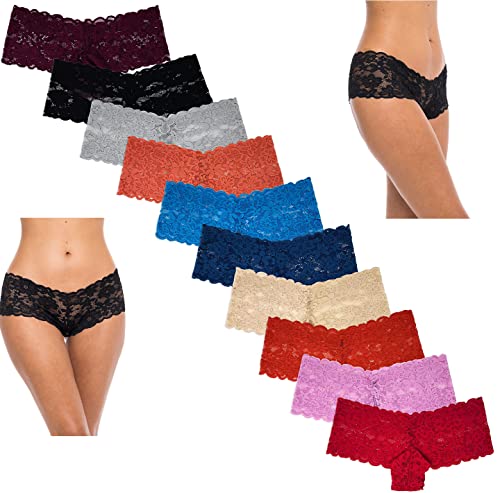 Sexy Basics Women's 10 Pack Lace Hipster Panties | Ultra Soft & Stretchy Hallowed Out Lace Seamless Panties (10 Pack - Assorted Grab Bag Solid Colors, Large)