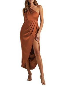 lyaner women's one shoulder ruched sleeveless split slit wrap hem zipper midi dress rust brown medium