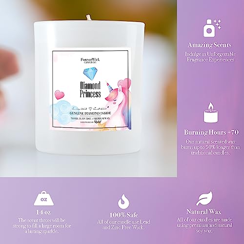 Diamond Princess Candle with Diamond Inside | Foreverwick Candles | Scented Soy Candles Gifts for Women Anniversary Candle | Anniversary Candles All-Natural Organic Soy Candle 14oz | 70h