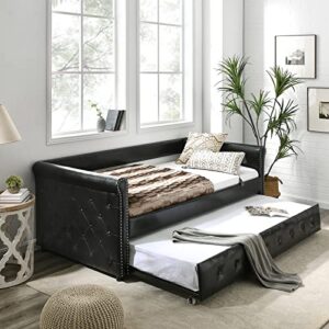 antetek daybed with trundle, twin size upholstered daybed with a trundle, modern pu leather day bed, no box spring required, sofa bed for bedroom, living room, guest room, black