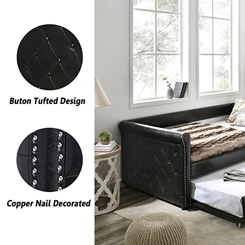 Antetek Daybed with Trundle, Twin Size Upholstered Daybed with A Trundle, Modern PU Leather Day Bed, No Box Spring Required, Sofa Bed for Bedroom, Living Room, Guest Room, Black