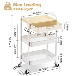 TOOLF 3-Tier Utility Rolling Cart with Wooden Board and Drawer, Metal Storage Cart with Handle, White Trolley Kitchen Organizer Rolling Desk with Locking Wheels for Office, Classroom, Home, Bedroom