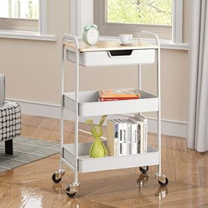 TOOLF 3-Tier Utility Rolling Cart with Wooden Board and Drawer, Metal Storage Cart with Handle, White Trolley Kitchen Organizer Rolling Desk with Locking Wheels for Office, Classroom, Home, Bedroom