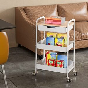 TOOLF 3-Tier Utility Rolling Cart with Wooden Board and Drawer, Metal Storage Cart with Handle, White Trolley Kitchen Organizer Rolling Desk with Locking Wheels for Office, Classroom, Home, Bedroom