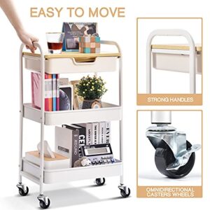 TOOLF 3-Tier Utility Rolling Cart with Wooden Board and Drawer, Metal Storage Cart with Handle, White Trolley Kitchen Organizer Rolling Desk with Locking Wheels for Office, Classroom, Home, Bedroom