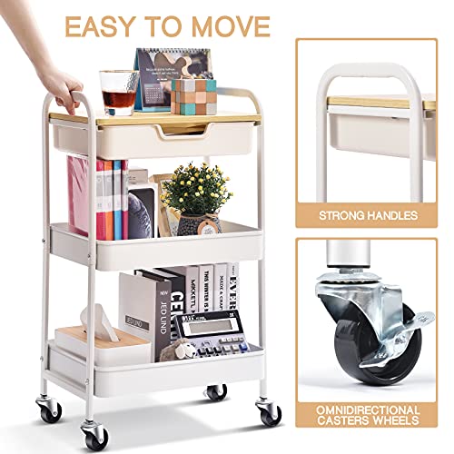 TOOLF 3-Tier Utility Rolling Cart with Wooden Board and Drawer, Metal Storage Cart with Handle, White Trolley Kitchen Organizer Rolling Desk with Locking Wheels for Office, Classroom, Home, Bedroom