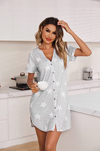 Ekouaer Short Sleeve Sleepwear Comfy Sleep Shirt Button Gown Dress Loose Fit Pajama Dress Nightwear