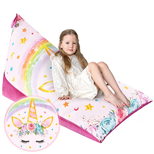 WERNNSAI Unicorn Stuffed Animal Storage - Double Sided Bean Bag Chairs Cover Only for Kids Girls Canvas Velvet Bean Bag Covers Toys Organizer Holder Unicorn Beanbag Seats (Stuffing Not Included)