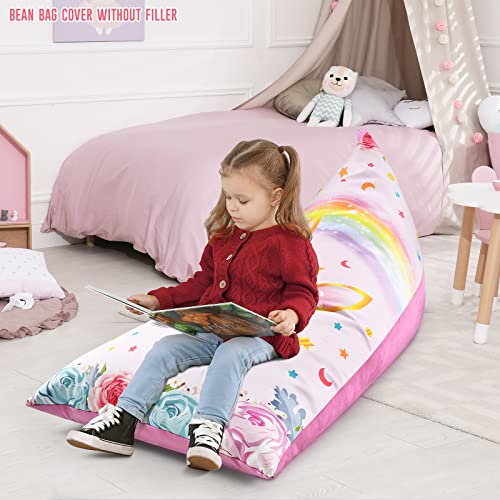 WERNNSAI Unicorn Stuffed Animal Storage - Double Sided Bean Bag Chairs Cover Only for Kids Girls Canvas Velvet Bean Bag Covers Toys Organizer Holder Unicorn Beanbag Seats (Stuffing Not Included)