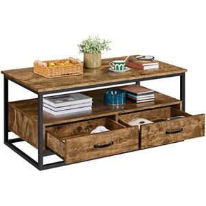 yaheetech farmhouse coffee table with open storage shelves and 2 drawers, 43.5" length center table cocktail table with metal frame for living room, rustic brown