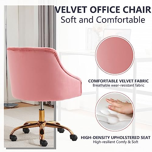 MOJAY Velvet Office Swivel Chair, Vanity Chair, Fabric Desk Chair, Pretty Fancy Chair, Gold Office Chair for Girls, 360°Swivel Height Adjustable Reception Chair (Peach)