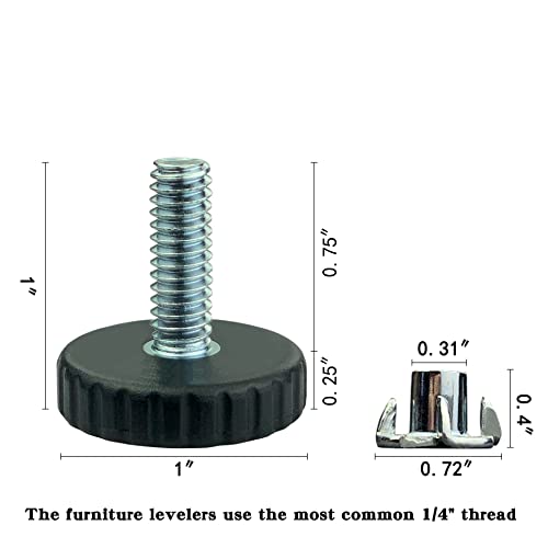 1/4" Threaded Table/Chair/Furniture Feet Levelers Screw in Threaded (12Pcs)Adjustable Leveling Foot Pads Glides Screw on for Bar Stool/Bench/Bed/Cabinet/Desk/Dresser/Wood Legs(Black,Nylon,1/4-20)