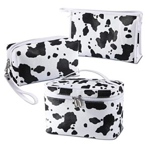 veki 3 pieces set makeup bag waterproof cosmetic bag small makeup bags organizer for women and girls with milk cow animal portable toiletry bag mini cute style set travel pouch bags (cow)