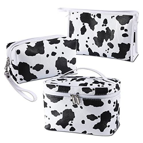 Veki 3 Pieces Set Makeup Bag Waterproof Cosmetic Bag Small Makeup Bags Organizer for Women and Girls with Milk Cow Animal Portable Toiletry Bag Mini Cute style Set Travel Pouch Bags (Cow)