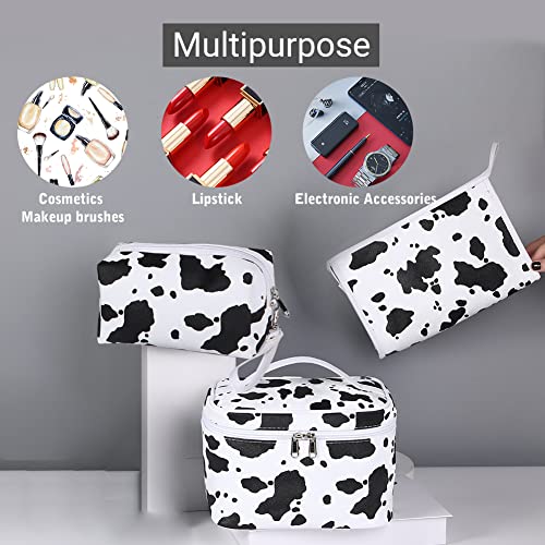 Veki 3 Pieces Set Makeup Bag Waterproof Cosmetic Bag Small Makeup Bags Organizer for Women and Girls with Milk Cow Animal Portable Toiletry Bag Mini Cute style Set Travel Pouch Bags (Cow)