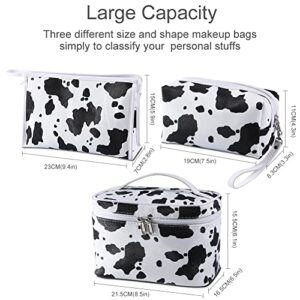 Veki 3 Pieces Set Makeup Bag Waterproof Cosmetic Bag Small Makeup Bags Organizer for Women and Girls with Milk Cow Animal Portable Toiletry Bag Mini Cute style Set Travel Pouch Bags (Cow)