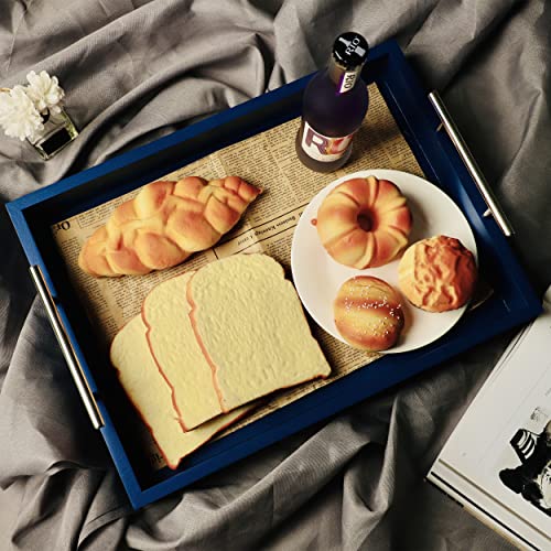 JJSQYLAN Wooden Serving Tray with Handles Rectangle Breakfast Tray for Coffee Table Decorative Ottoman Tray 16”x 12” for All Occasion's (Blue)