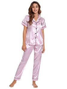 floerns women's printed two piece short sleeve sleepwear long pants pajamas sets pink white striped m