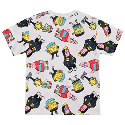 Mens Spongebob Squarepants Classic Shirt - Spongebob, Patrick, Squidward & Krusty Krab Allover Print T-Shirt (White, Medium)