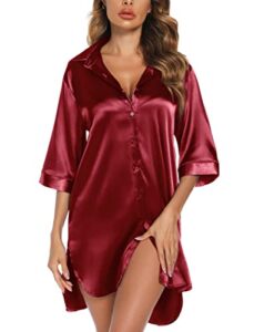 leikar silk nightgown for women satin slik pajamas sleep shirts wine red