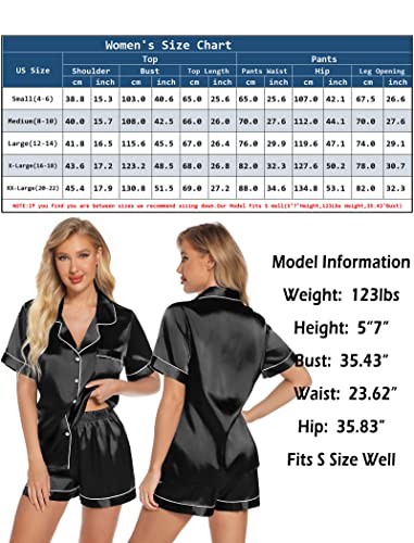 Leikar Womens Silk Satin Pajamas Shorts Set Bride Pajamas Button Down Pjs Loungewear Set S-XXL Black