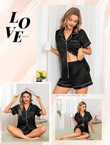 Leikar Womens Silk Satin Pajamas Shorts Set Bride Pajamas Button Down Pjs Loungewear Set S-XXL Black