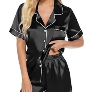 Leikar Womens Silk Satin Pajamas Shorts Set Bride Pajamas Button Down Pjs Loungewear Set S-XXL Black