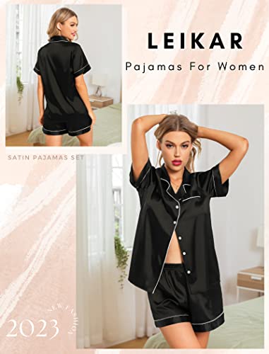 Leikar Womens Silk Satin Pajamas Shorts Set Bride Pajamas Button Down Pjs Loungewear Set S-XXL Black