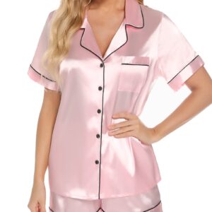 Leikar Womens Silk Satin Pajamas Shorts Set Bride Pajamas Button Down Pjs Loungewear Set S-XXL Pink