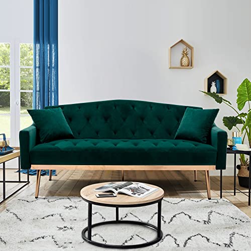 ORRD Velvet Sofa, Accent Couch Loveseat Sleeper Bed Tufted Sofa with Rose Gold Metal Feet with 2 Pillows for Living Room, Bedroom, Small Space (Green)