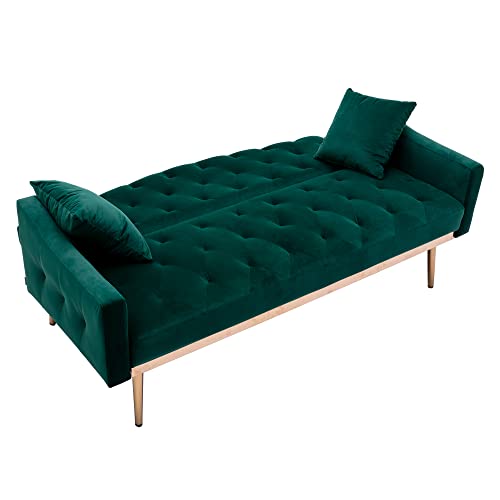 ORRD Velvet Sofa, Accent Couch Loveseat Sleeper Bed Tufted Sofa with Rose Gold Metal Feet with 2 Pillows for Living Room, Bedroom, Small Space (Green)