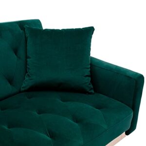 ORRD Velvet Sofa, Accent Couch Loveseat Sleeper Bed Tufted Sofa with Rose Gold Metal Feet with 2 Pillows for Living Room, Bedroom, Small Space (Green)