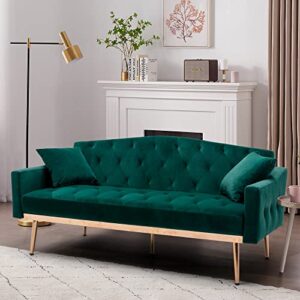 ORRD Velvet Sofa, Accent Couch Loveseat Sleeper Bed Tufted Sofa with Rose Gold Metal Feet with 2 Pillows for Living Room, Bedroom, Small Space (Green)