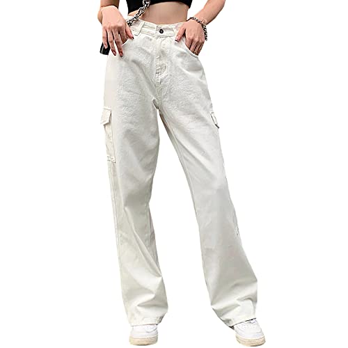 LONGYIDA Baggy Jeans for Women Y2K Stretch High Waisted Straight Wide Leg Denim Jeans Casual Cargo Pants Trousers(White,S)