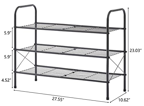 Tajsoon 3-Tier Stackable Shoe Rack Organizer, Adjustable & Expandable Shoe Storage Shelf for Entryway, Metal Wire Grid with X Shape Fixed Frame, Black