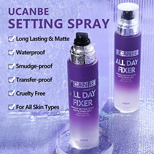 UCANBE Long Lasting Makeup Setting Spray Kit- 6.76 Fl oz Hydrating Matte Finish Mist Lightweight Face Make up Fixer +Travel Size Spray Bottle+Sponge Puff Makeup Set