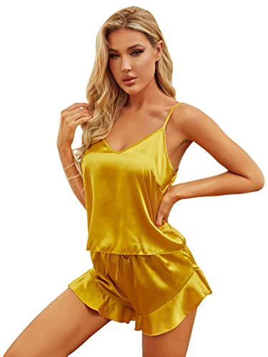 MakeMeChic Women's Satin Cami Pajama Shorts Set Silk Pj Set 2 Piece Sleepwear Mustard Yellow XL