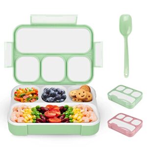 bento lunch box for kids, 4 compartment kids lunch box leak proof, cute bento snack box for adults and kids with utensils, lunch containers bpa-free, microwave bento box (green)