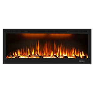 dreamflame electric fireplace 42 inch, recessed wall mounted fireplace heater, linear in-wall fireplace, logs & crystal options, 750/1500w, black (42")