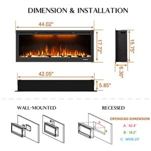 Dreamflame Electric Fireplace 42 inch, Recessed Wall Mounted Fireplace Heater, Linear in-Wall Fireplace, Logs & Crystal Options, 750/1500W, Black (42")