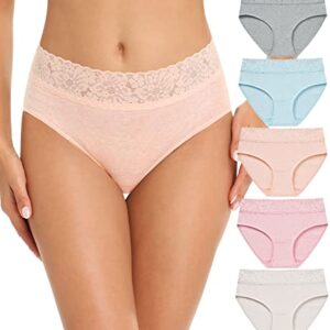 RHYFF Womens Underwear Cotton Bikini Panties Lace Soft Hipster Panty Ladies Stretch Full Briefs 5 Pack(R6004L-Light)