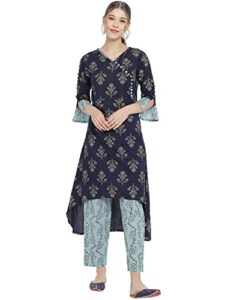 yash gallery women's cotton floral print a-line kurta pant set (blue)