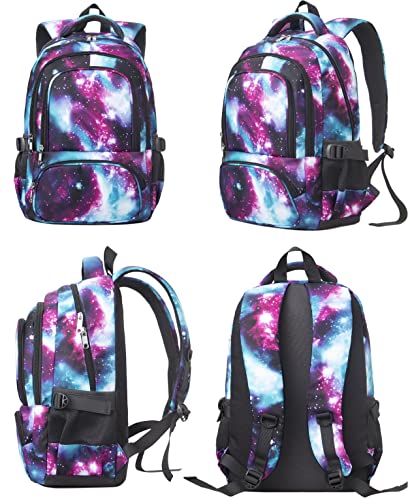 BLUEFAIRY Galaxy Backpack for Girls Elementary School Bag For Kids Child Primary Book Bags Sky Space Print Durable Gifts Presents Travel Mochila Para Niñas 17Inch (Purple)